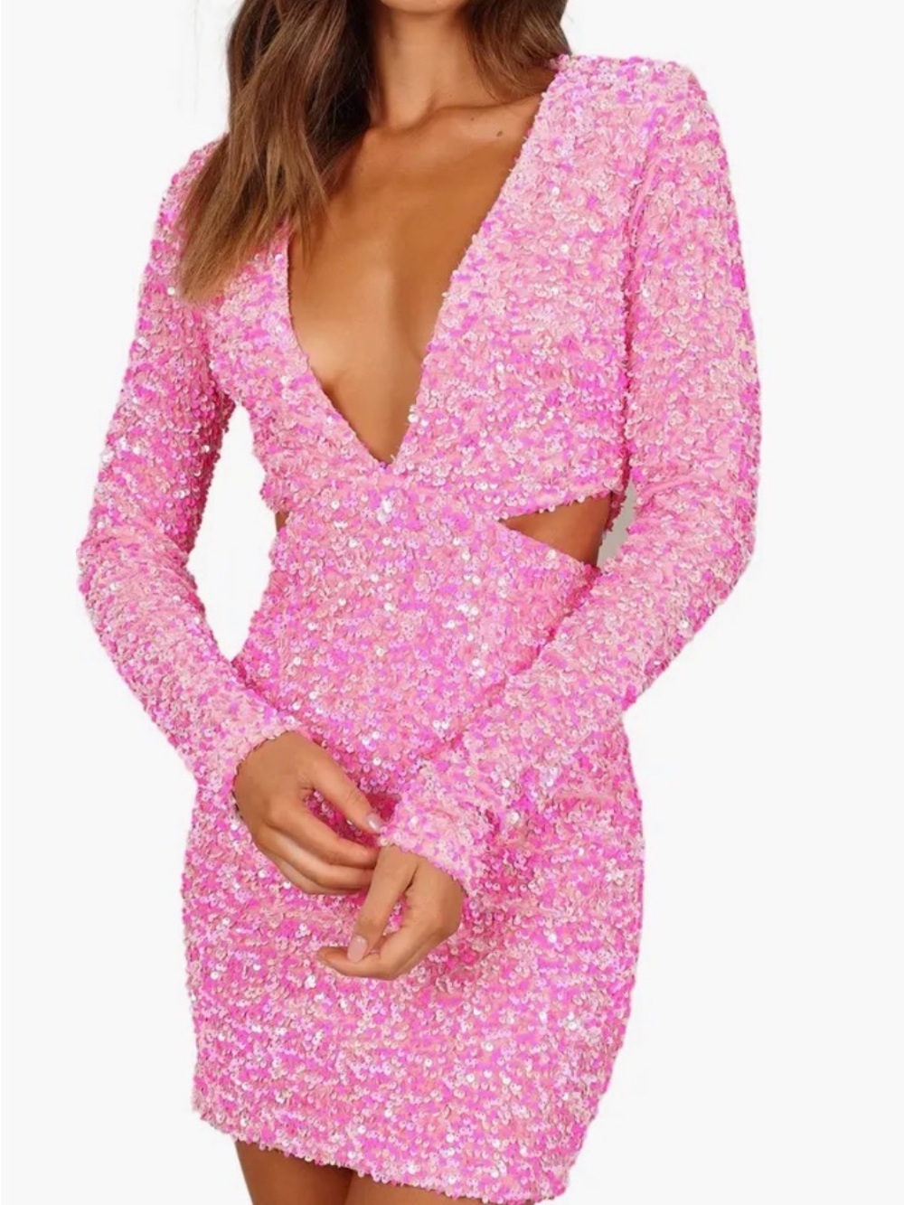 Petal & Pup Pink Sequin Deep V Long-Sleeve Mini Dress